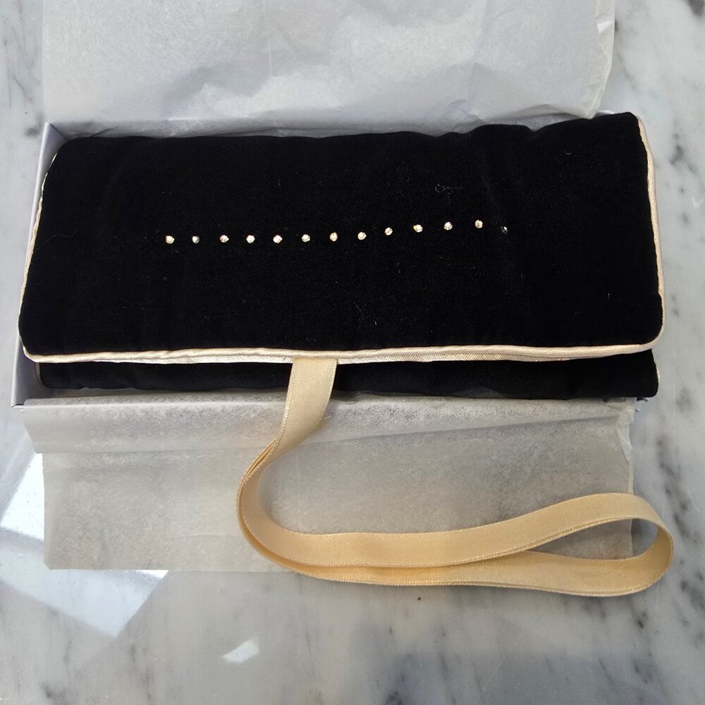 New Swarovski Crystal Studded Black Velvet & Bone Satin Travel Jewelry Roll